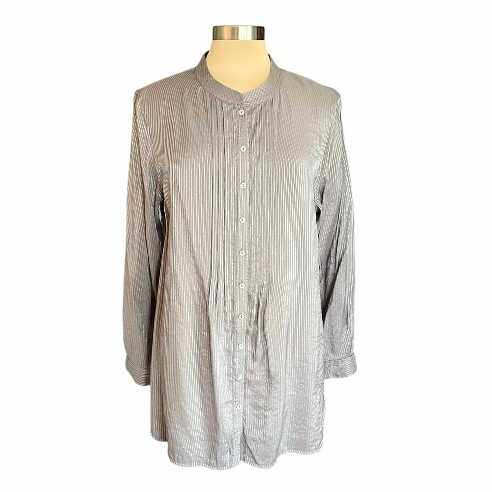 Jones New York Gray Button Up Tunic Shirt LARGE Pleated Details Shimmer Stripes